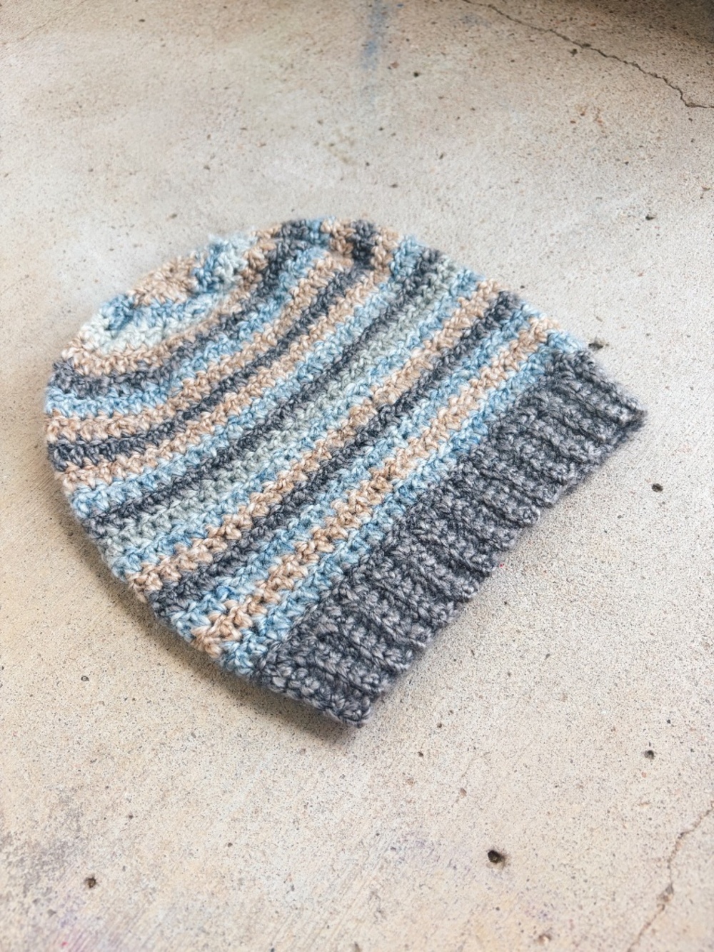 Handmade Crocheted Slouchy Beanie in Shades of Grey, Blue, and Beige